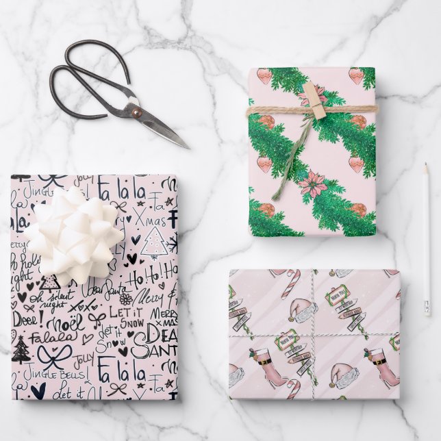 Winter Pink Girly Fun Holly Boots Christmas Wrapping Paper Sheet (Front)