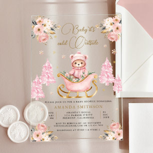 Winter Pink Gold Floral Teddy Bear Baby Shower Acrylic Invitations