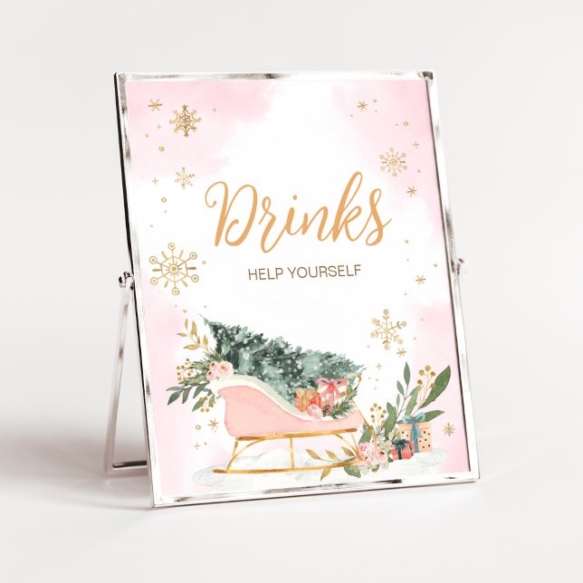 Winter Pink Gold Snowflake Drinks Poster (Pink Sleigh Baby Shower Drinks Sign)