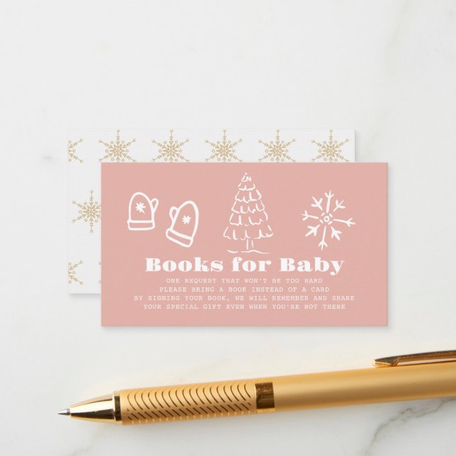 Winter Pink Hand-Drawn Baby Shower Book Request Enclosure Card (Front/Back In Situ)