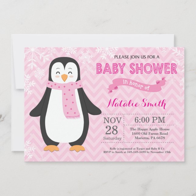 Winter Pink Penguin Girl Baby Shower Invitation (Front)