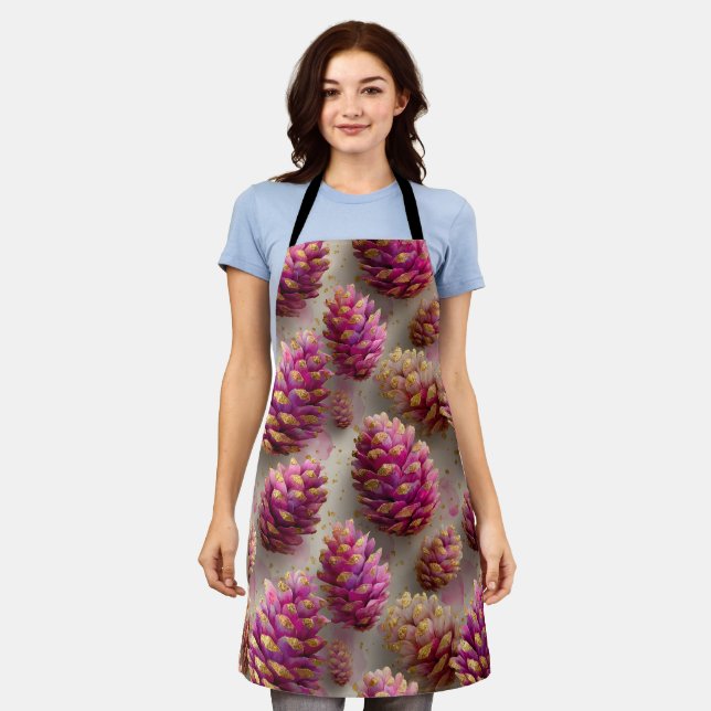 Winter Pink Pine Cones with Golden Accents Apron (Worn)