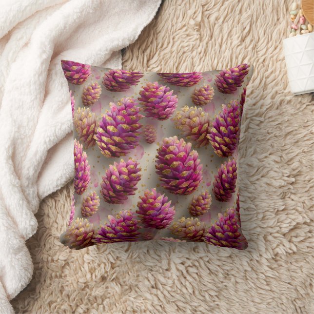 Winter Pink Pine Cones with Golden Accents Cushion (Blanket)