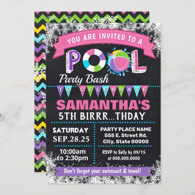 Winter pink Pool birthday party bash Invitation (Front/Back)