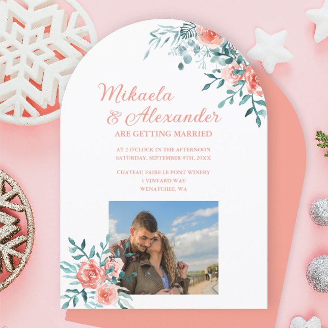 Winter Pink Roses, Light Green Eucalyptus Wedding Invitation (winter peach, pink roses, light green eucalyptus leaves arched wedding invitation)