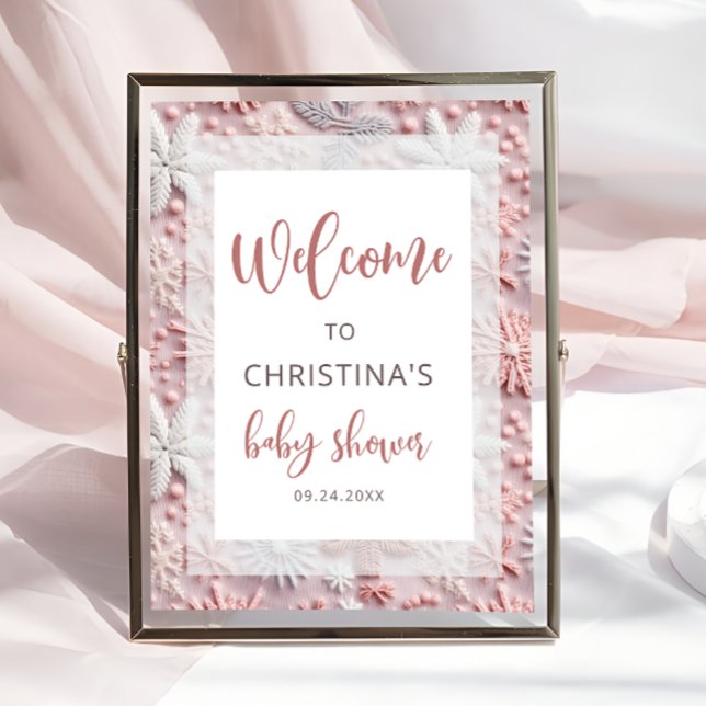 Winter Pink Silver Snowflakes Baby Shower Welcome  Poster (Creator Uploaded)