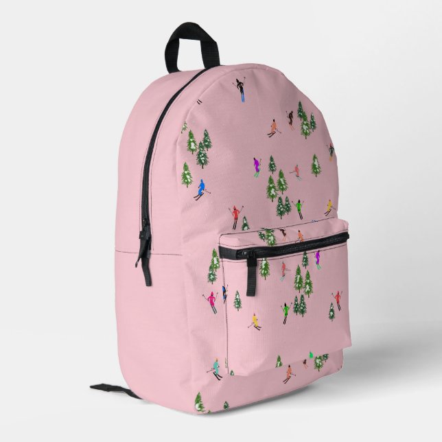 Winter Pink Skiers Ski Skiing  Printed Backpack (Back Corner Left)