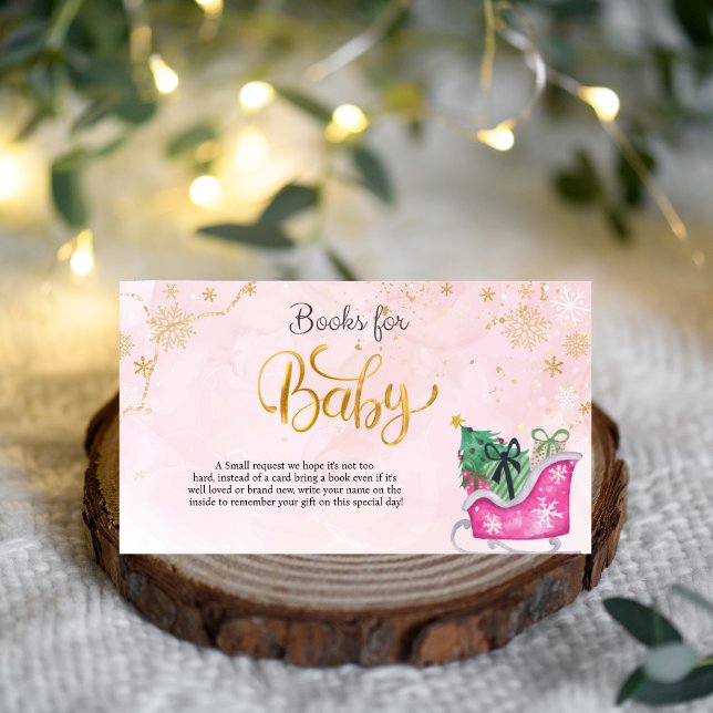  Winter Pink Sleigh Baby Shower Books for Baby Enclosure Card (Creator Uploaded)