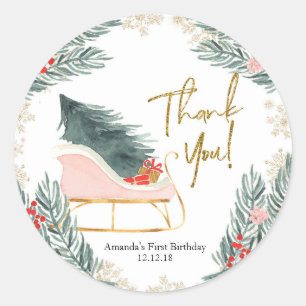 Winter Pink Sleigh Girl Birthday Thank You Sticker