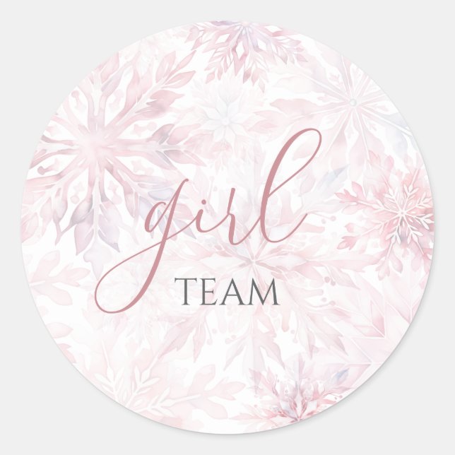 Winter Pink Snowflake Gender Reveal Team Girl Classic Round Sticker (Front)