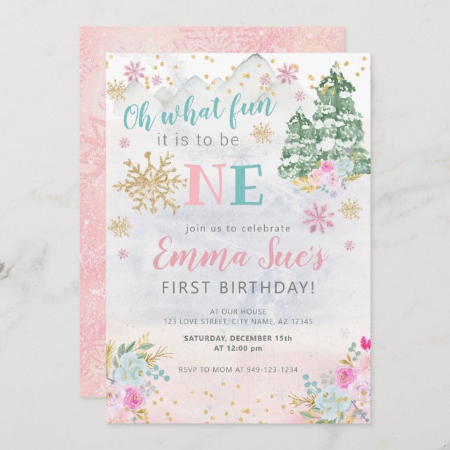 Winter Pink Snowflake Oh What fun First Birthday I Invitation (Front/Back)
