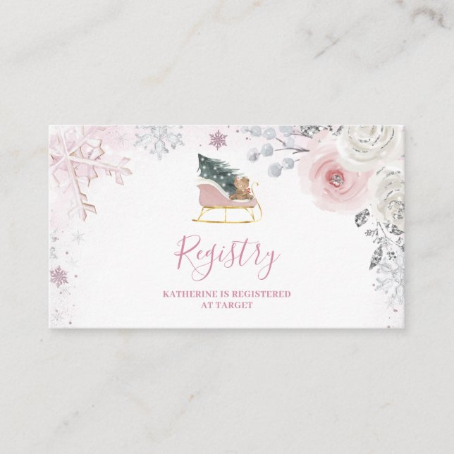 Winter Pink Snowflake Sleigh Baby Shower Registry Enclosure Card (Front)