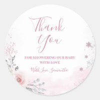 Winter Pink Snowflake Sleigh Baby Shower Thank You