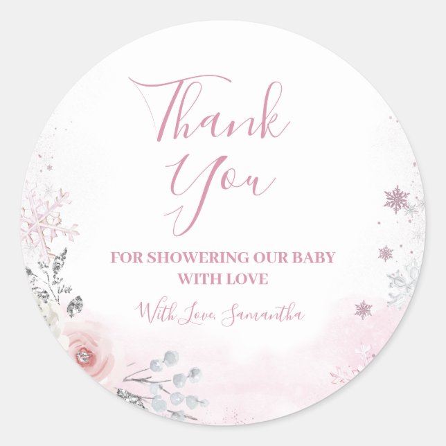 Winter Pink Snowflake Sleigh Baby Shower Thank You Classic Round Sticker (Front)