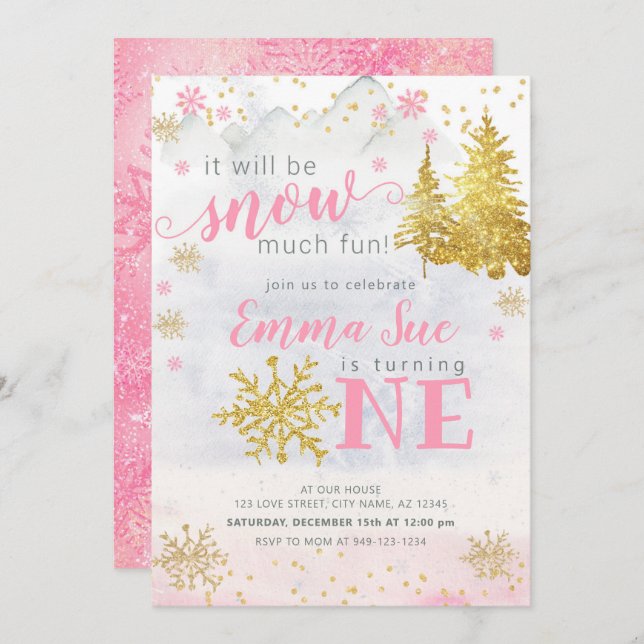 Winter Pink Snowflake Snow Much fun Birthday Invitation (Front/Back)
