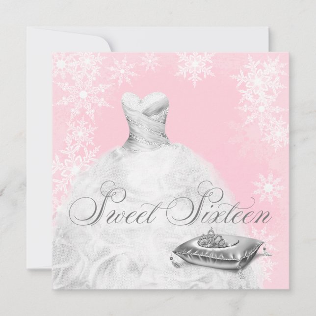 Winter Pink Snowflake Sweet Sixteen Party Invitation (Front)