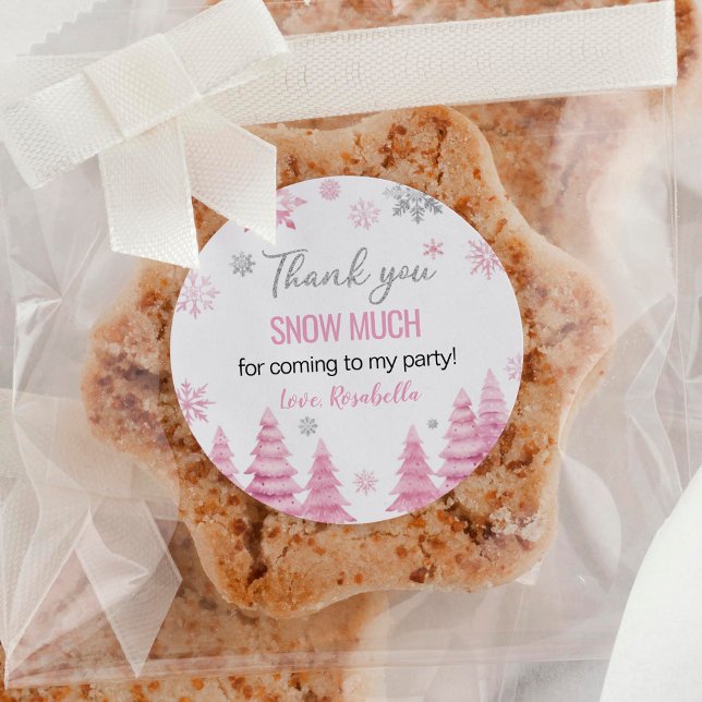 Winter Pink Snowflake Thank You Birthday  Classic Round Sticker (Creator Uploaded)