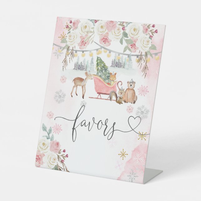 Winter Pink Woodland Animals Favours Pedestal Sign (Front)