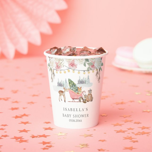 Winter Pink Woodland Animals Girl Baby Shower Paper Cups (Insitu)