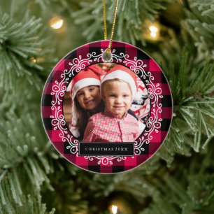 Winter Plaid Christmas Photo Ceramic Tree Decoration
