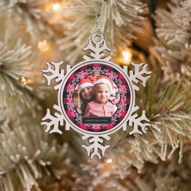 Winter Plaid Christmas Photo Snowflake Pewter Christmas Ornament (Tree)