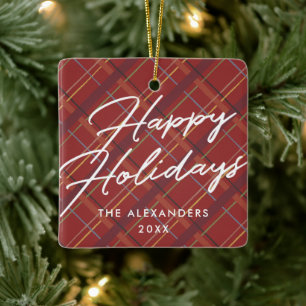 Winter Plaid Happy Holidays Ornament - Red