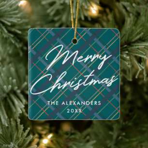 Winter Plaid Merry Christmas Ornament - Green