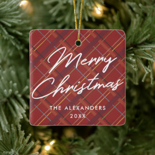 Winter Plaid Merry Christmas Ornament - Red