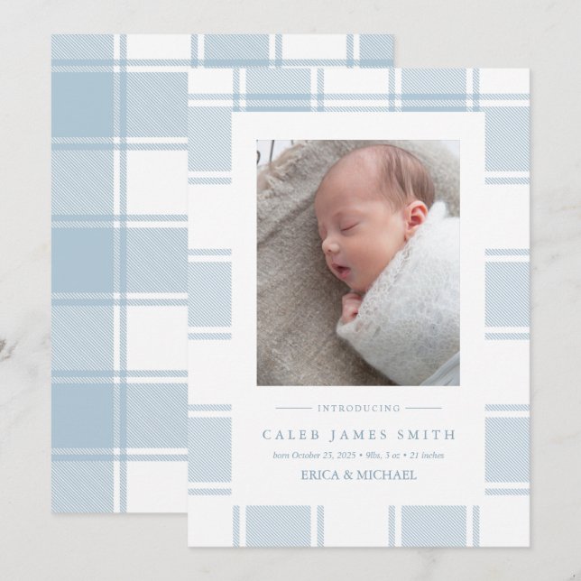 Winter Plaid  Photo Baby Birth Announcement Card (Front/Back)