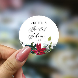 Winter Poinsettia Bridal Shower Classic Round Sticker