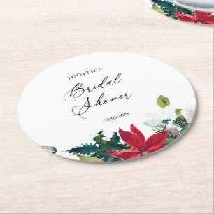  Winter Poinsettia Bridal Shower  Round Paper Coaster