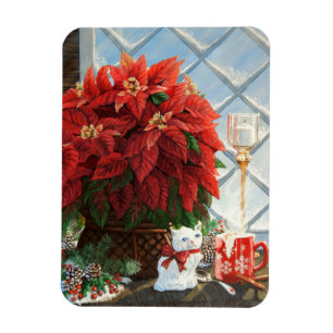 Winter Poinsettia, Ceramic kitten, Red mug egg-nog Magnet