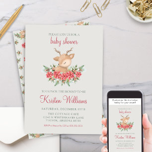 Winter Poinsettia Cute Little Deer Baby Shower Invitation