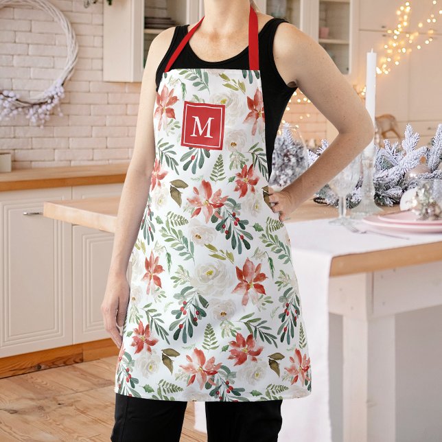 Winter Poinsettia Floral Pattern Monogram Apron (Creator Uploaded)