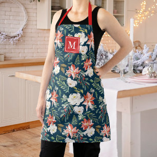 Winter Poinsettia Floral Pattern Navy Monogram Apron