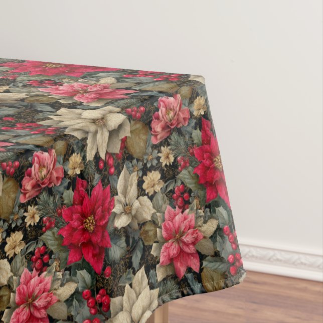 Winter Poinsettia Floral With Berries And Pine Tablecloth (In Situ)