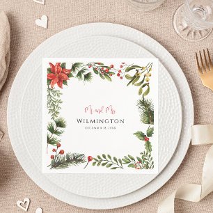 Winter Poinsettia Greenery Floral Wedding Paper Napkin