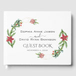 Winter Poinsettia Pine Berry Christmas Wedding Guest Book<br><div class="desc">ANY EVENT. Elegant and unique design featuring gorgeous watercolour pine branches,  berries,  Christmas balls,  gold hands arrangement as a winter holidays wreath on white. Use Personalise tool to add your info. For more ideas,  please visit my Gold Hands Holidays Collection.</div>