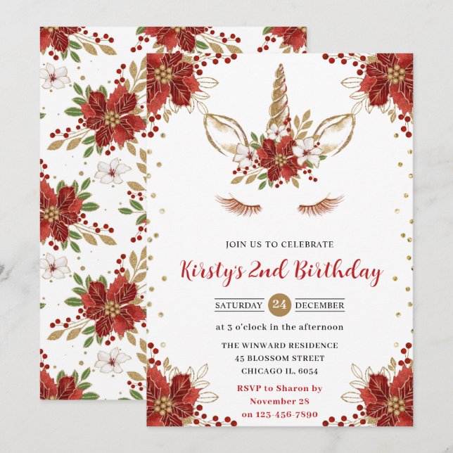 Winter Poinsettia Unicorn 2nd Birthday Invitation (Front/Back)