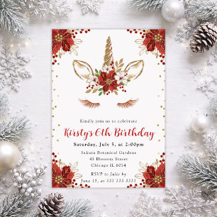 Winter Poinsettia Unicorn Baby Shower Invitation