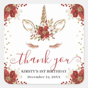 Winter Poinsettia Unicorn Kids Birthday Square Sticker