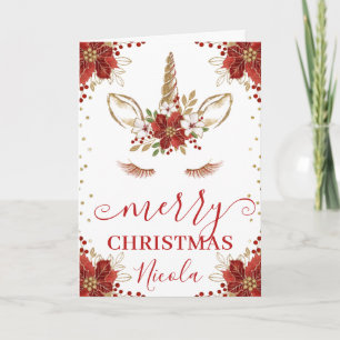 Winter Poinsettia Unicorn Merry Christmas Card
