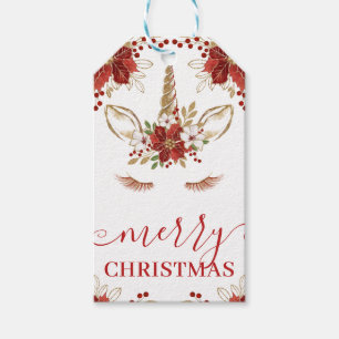 Winter Poinsettia Unicorn Merry Christmas Gift Tags