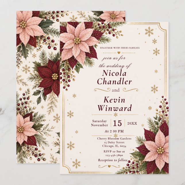 Winter Poinsettia Wedding Invitation (Front/Back)