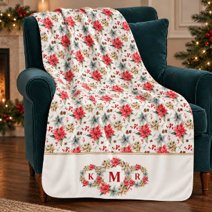 Winter Poinsettia Wreath Initials Christmas Gift Sherpa Blanket