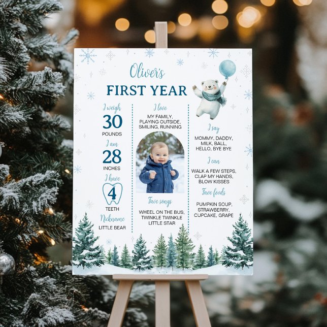 Winter Polar Bear 1st Birthday Milestone Photo Poster (Creator Uploaded)