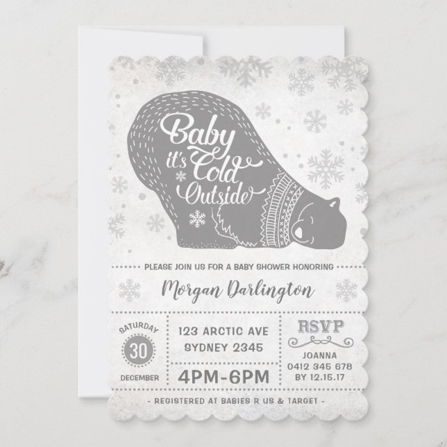 Winter Polar Bear Baby Shower Invitation Snowflake (Front)