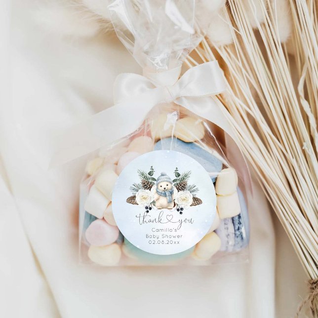 Winter Polar Bear Boy Baby Shower Classic Round Sticker (Creator Uploaded)