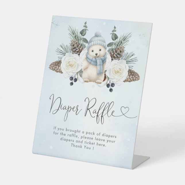 Winter Polar Bear Boy Baby Shower Diaper Raffle Pedestal Sign (Front)