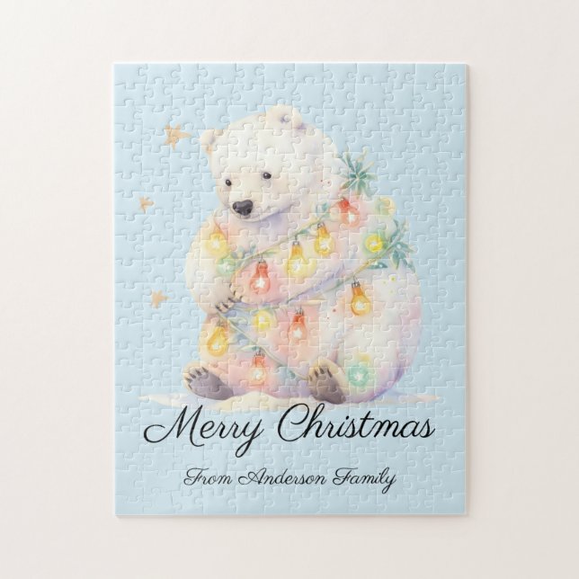 Winter Polar Bear Christmas Lights Family Name  Jigsaw Puzzle (Vertical)